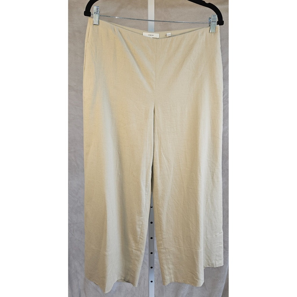 Vince Wide Leg Cropped Pants Sz 6 Taupe Beige Linen Blend Pull On Casual Pockets